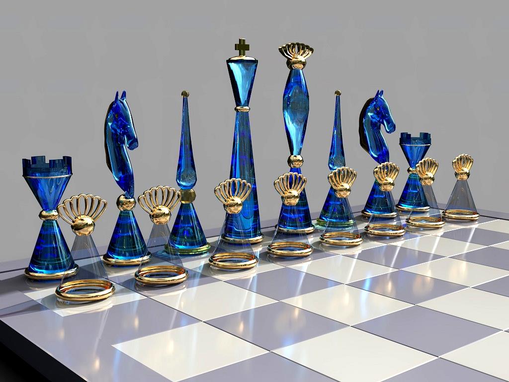 Blue glass chess set and board